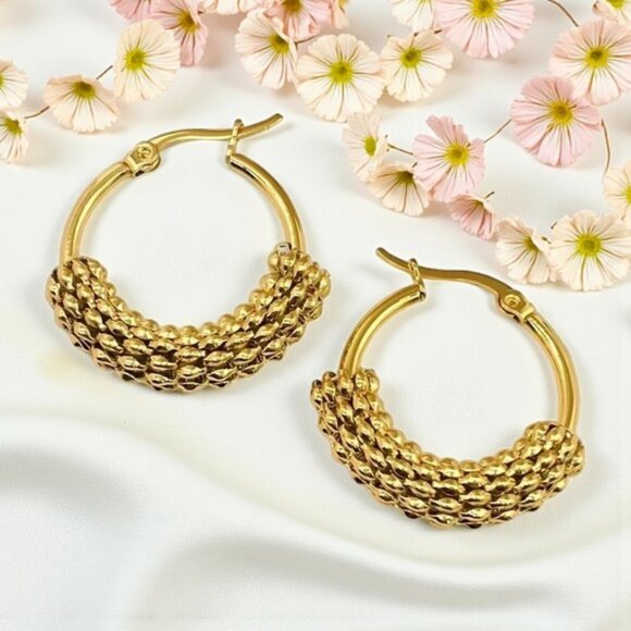 🆕️✨18K Gold Plated Beaded Hoop Earrings | Hypoallergenic & Gift-Ready 🎁 - Picture 1 of 9